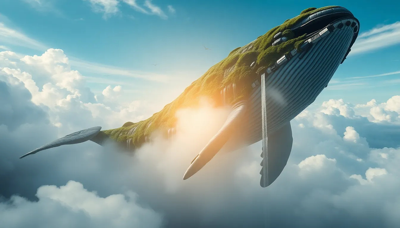 Colossal whale floating in the clouds, covered in moss and waterfalls, airships circling like tiny birds.