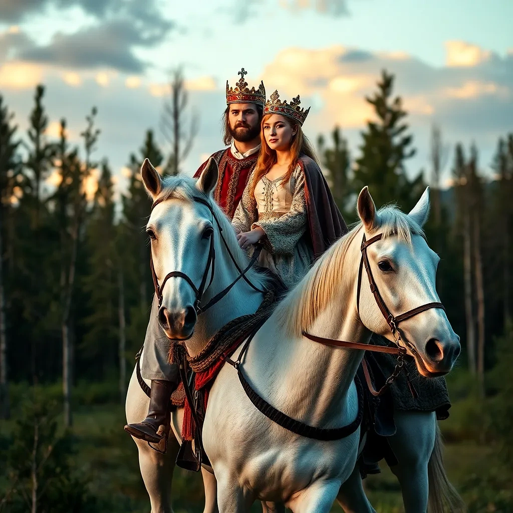 Prince and princess of Ukraine in the year 1718, riding 2 white horses in the forest