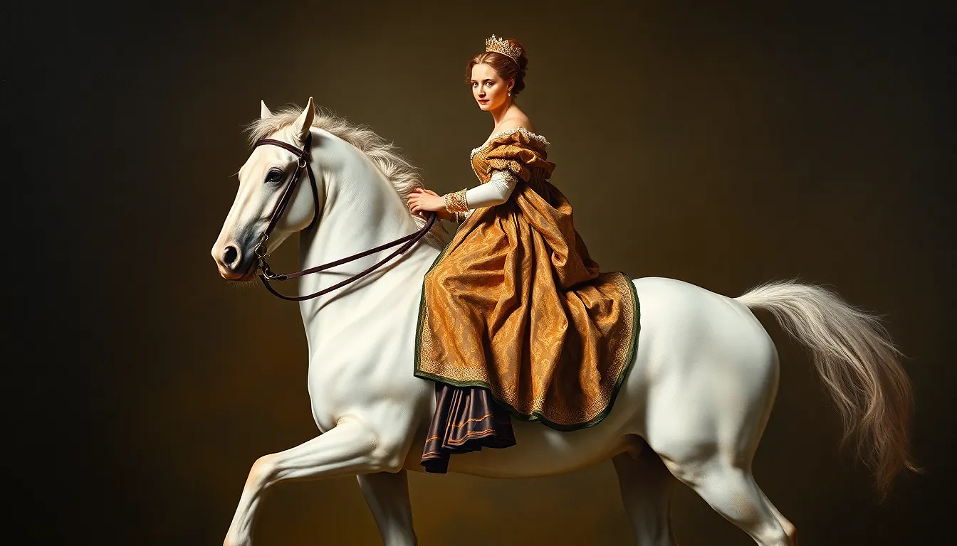 Princess of Sweden in full body riding a white horse, oil painting