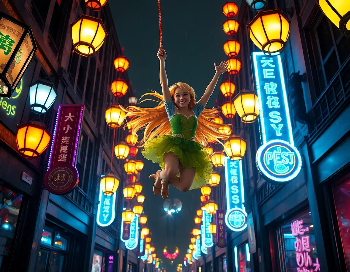 “Rapunzel swinging from her glowing hair between towering lantern-lit spires, joyful shout, Pascal clutching on, dynamic Dutch angle”