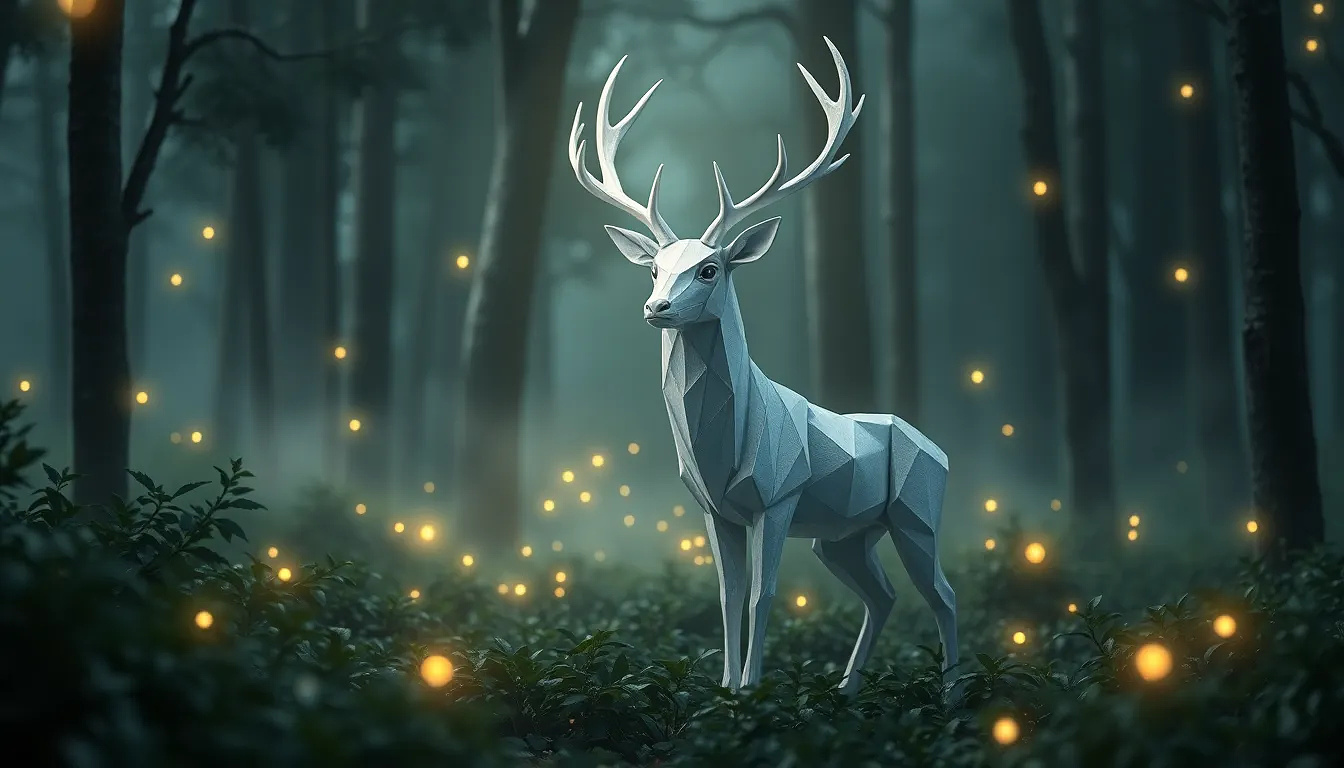A mystical white stag standing in an enchanted forest, glowing fireflies and magical mist.  A mystical white stag standing in an enchanted forest, glowing fireflies and magical mist.