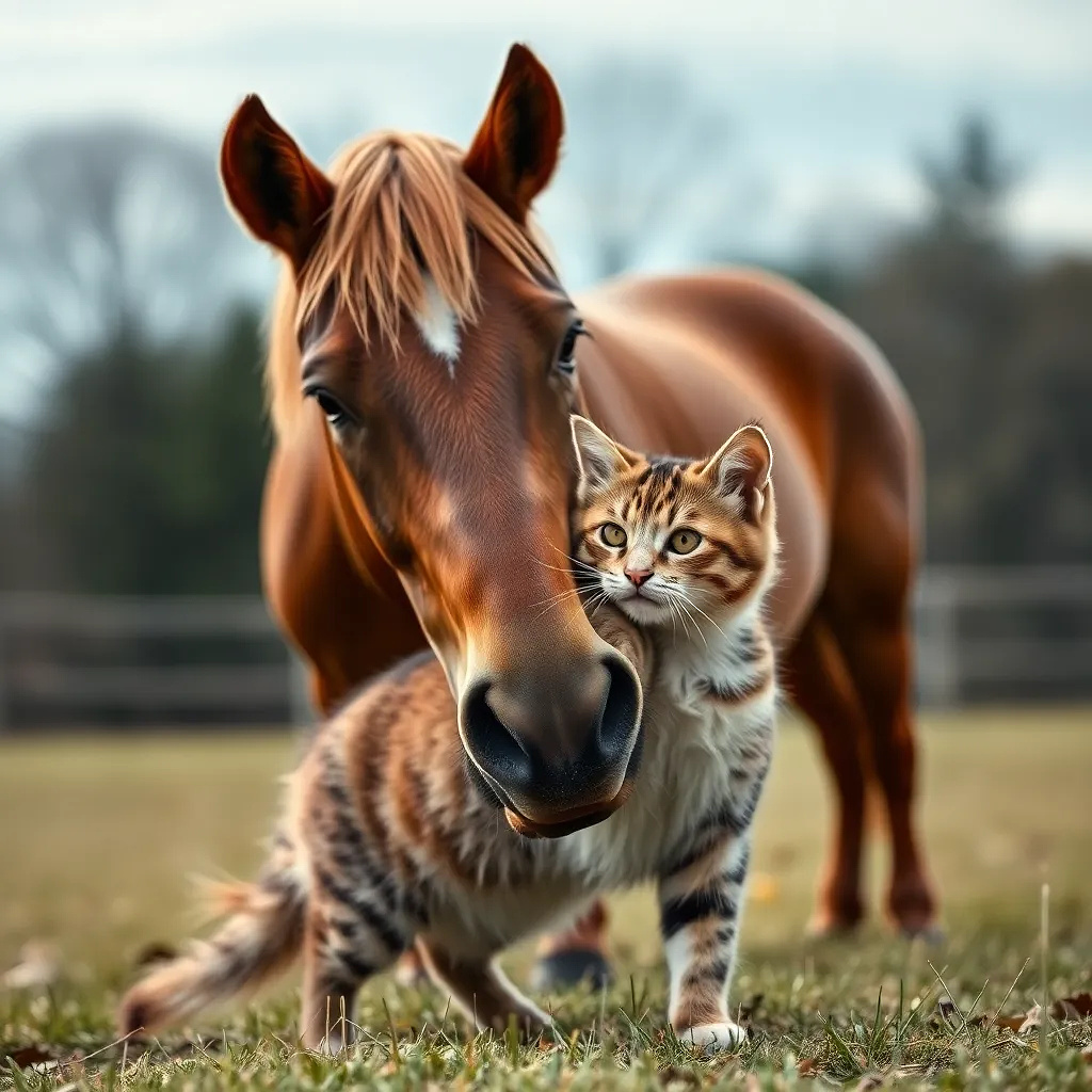 beautiful cat playing with a horse