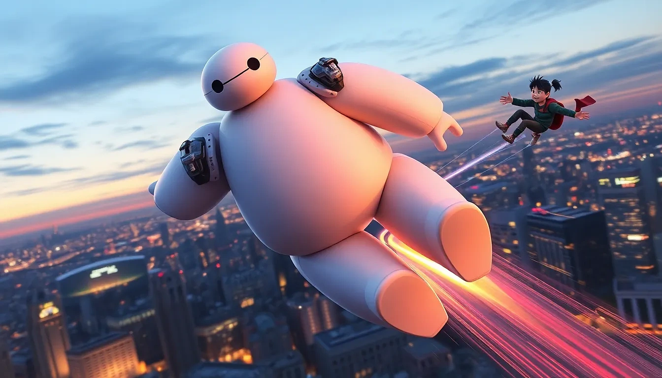 Baymax (armored) rocketing over San Fransokyo skyline at dusk, microbots chasing, Hiro cheering on shoulder, kinetic neon trails