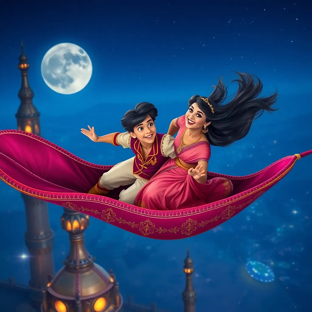 Aerial shot of Aladdin and Jasmine on the magic carpet diving between Agrabah’s moonlit minarets, hair whipping in the wind, sparkling night sky, exhilarated laughter