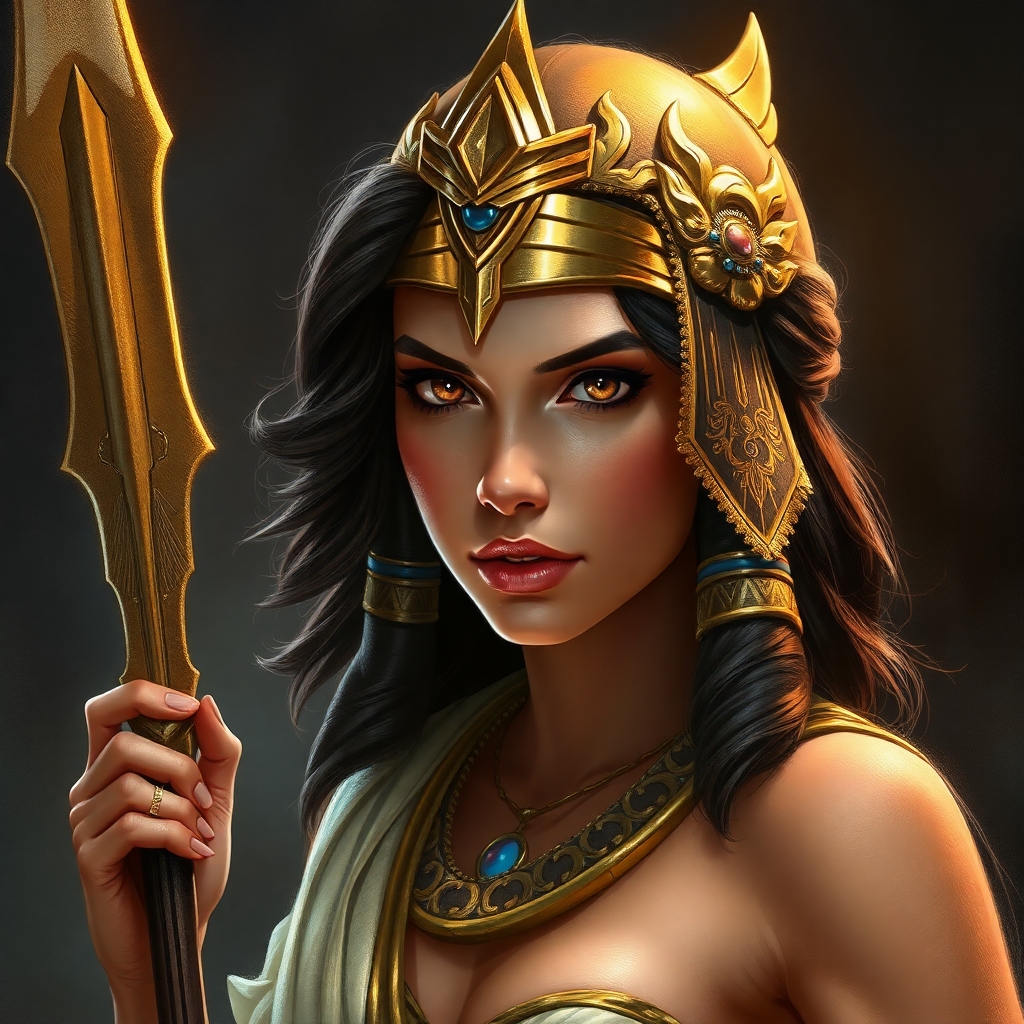 Queen of Egypt wearing gold crown and jewelry and hohding a golden sword.