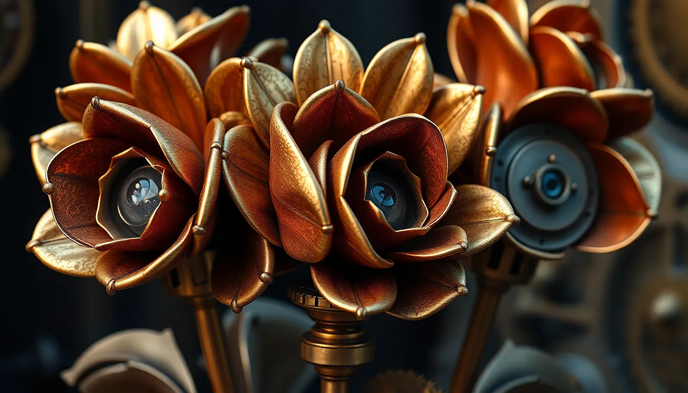 Mechanical steampunk roses with brass petals and clockwork stems, intricate gears, sci-fi aesthetic.