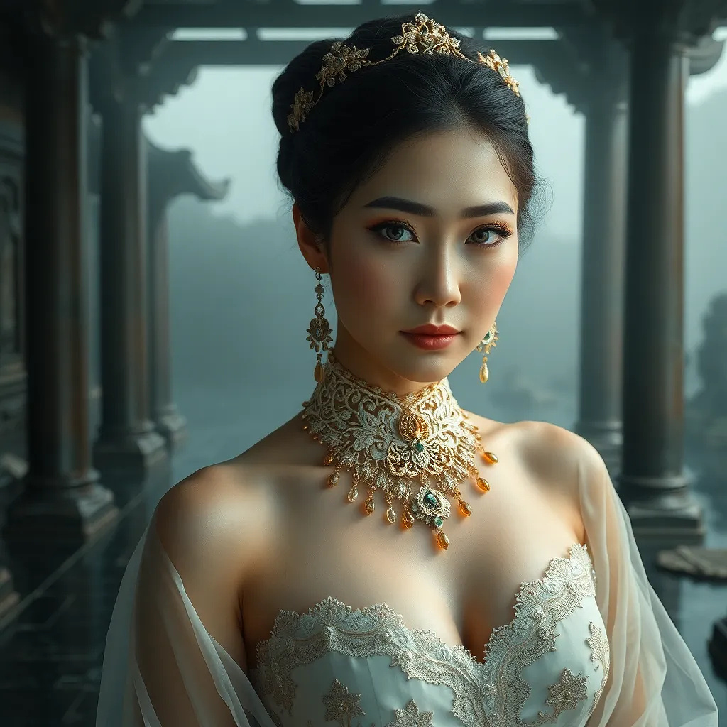 A raw professional quality photorealistic high-detail textures photo of a mature 35 year old stunning sultry Korean regal female empress with pale hazel-green & grey eyes with slightly dripping dark smoky black mascara and shimmering jade & bronze eyeshadow. She has large voluptuous C-cup breasts and a sensuous body, standing in a dark ruined ancient Chinese palace with no roof, jade pillars and broken collapsed dark stone walls & black marble floor in a dense swamp green fog. She wears an ornate ivory silk lace choker with intricate very pale gold filigree adorned with diamonds, jade & amber with delicate chains. she wears delicate see-through frayed silk ribbon mud-stained mummy wrapping around her upper torso in a halter style with a few dark sage & muddy green ribbons interwoven. She wears a floor length very low rise skirt very pale taupe/sage green at the top becoming a dark sage & muddy green at the floor. an opulent dark sage & muddy green outer robe, richly embroidered with very pale gold filigree, flowing multilayered crushed woven chiffon silk sleeves and a layered skirt create elegant movement. A broad embroidered muddy sage green silk jeweled belt sits low on her hips; delicate fine pale gold lotus motif body chain with jeweled jade & amber tassels wraps her torso. Her long wild dark hair frames a towering crown of horned branches with small jade, pale gold & ivory flowers, with long thin withered writhing dark dead branches with tiny white flowers, a diffused halo of ultraviolet light above. She extends her hands slightly downward. Dense fog with small floating flecks of light with a luminous diffused emerald green glow, many tiny balls of emerald green glowing light. Textures: silk, brocade, metallic threads. Lighting: soft moonlit glow, cinematic, high-contrast. Mood: serene, majestic, mystical. Style: hyper-detailed high fantasy illustration, ultra-realistic textures, 8K resolution.