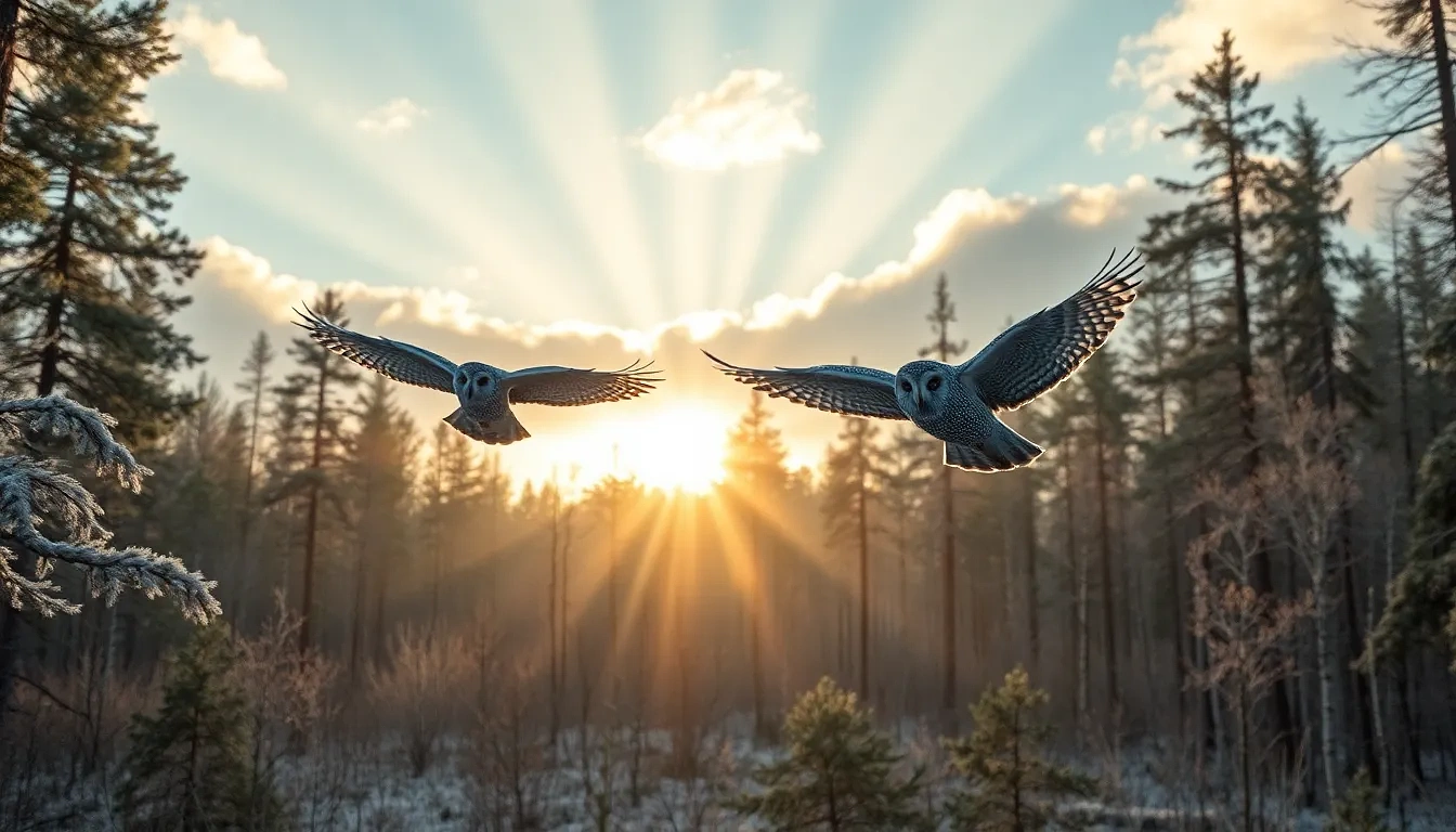 “Great grey owls gliding low over frost-sparkling boreal forest clearing, sunrise ray columns slicing through trees, photographic, panoramic view”