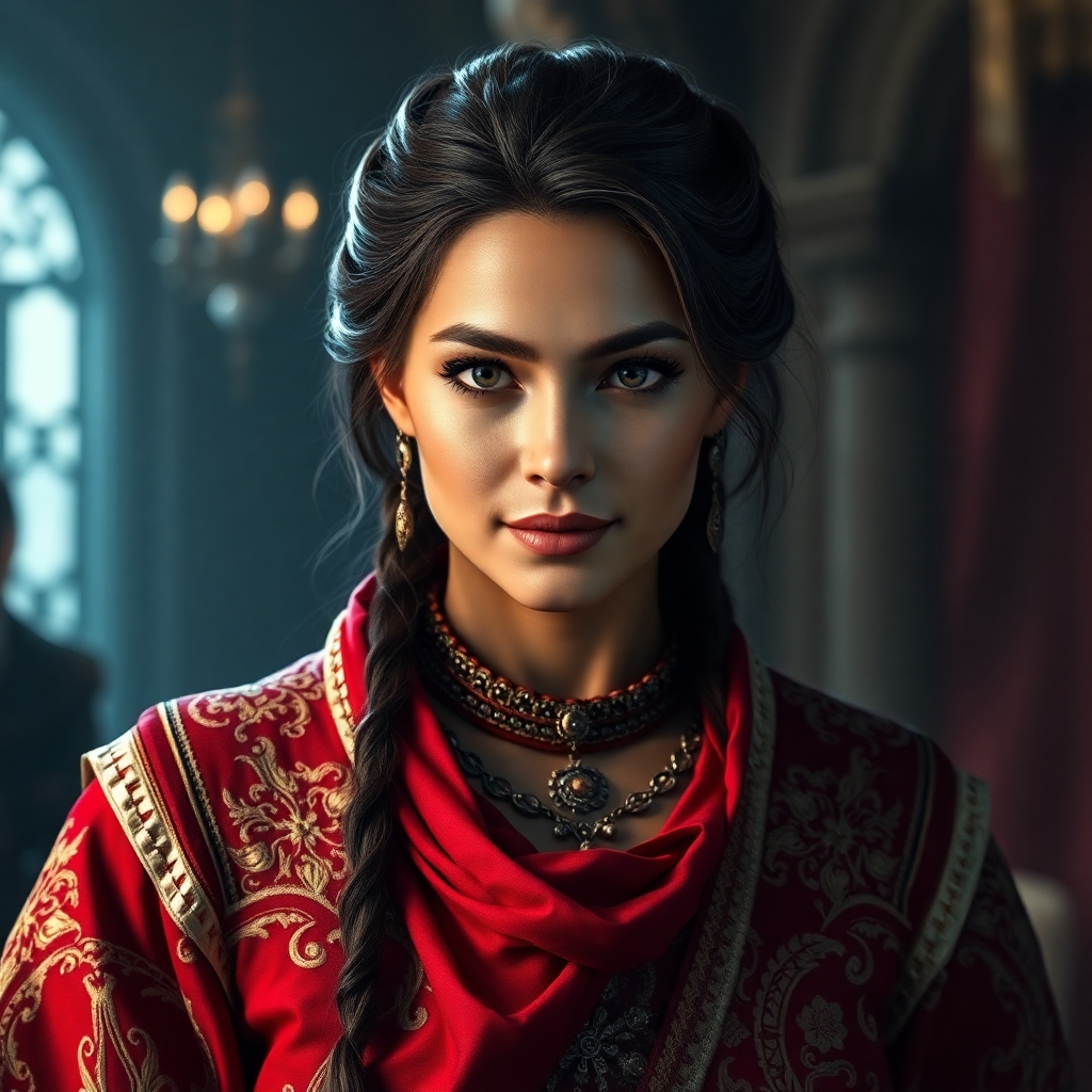 Woman with round face, 35 years old, light brown skin, dark brown hair, brown eyes, wearing Glorious clothes in her marriage ceremony and greeting gests, mythical