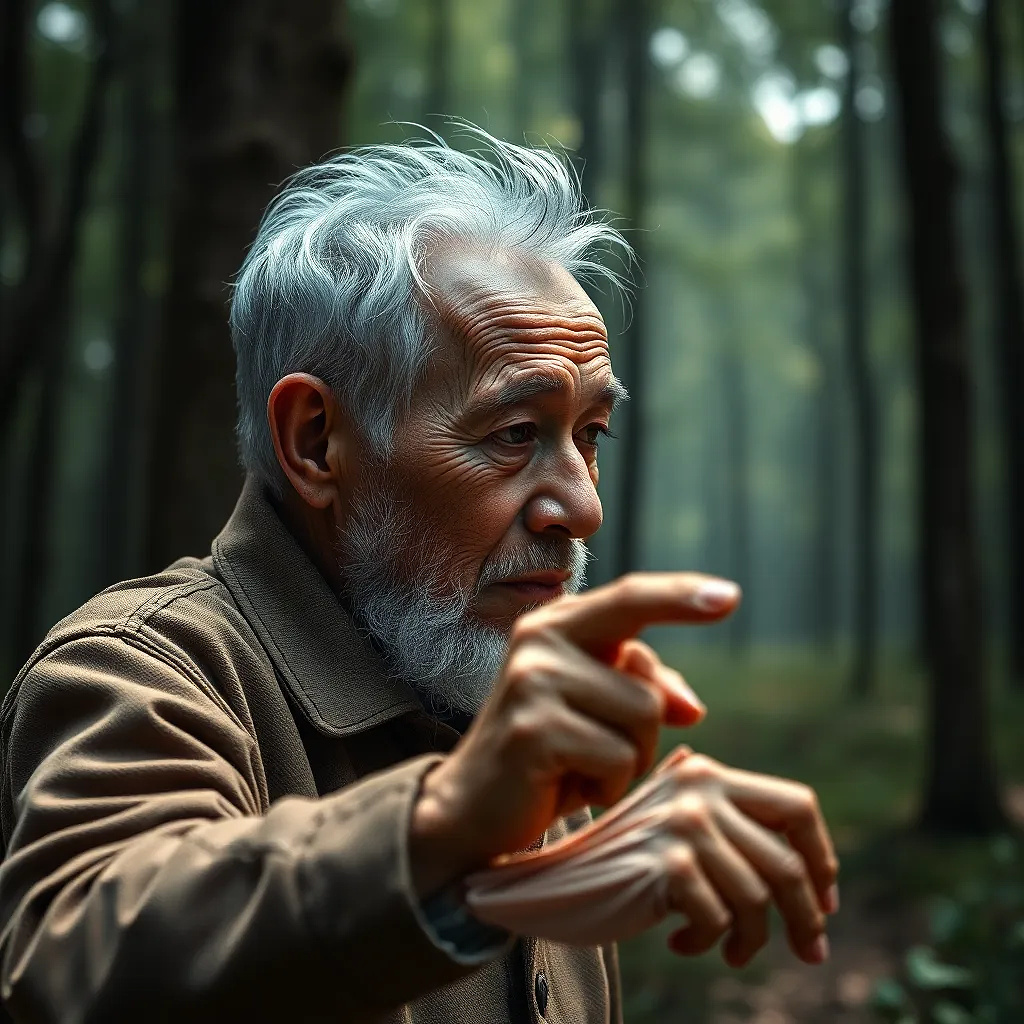 old man doing sport in the forest