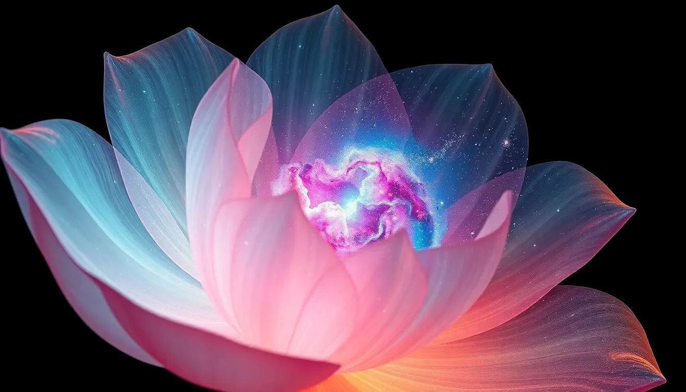 A giant translucent flower with a galaxy inside its petals, stars and nebulas swirling, dreamy and surreal.