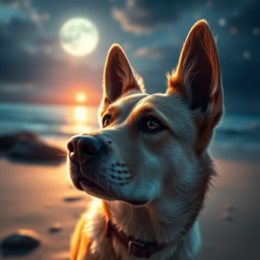 a dog in romantic view in the beach