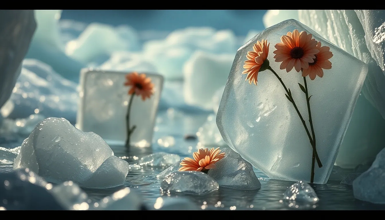 Flowers frozen inside blocks of ice, suspended in a glacial river, ethereal and melancholic, cinematic lighting.