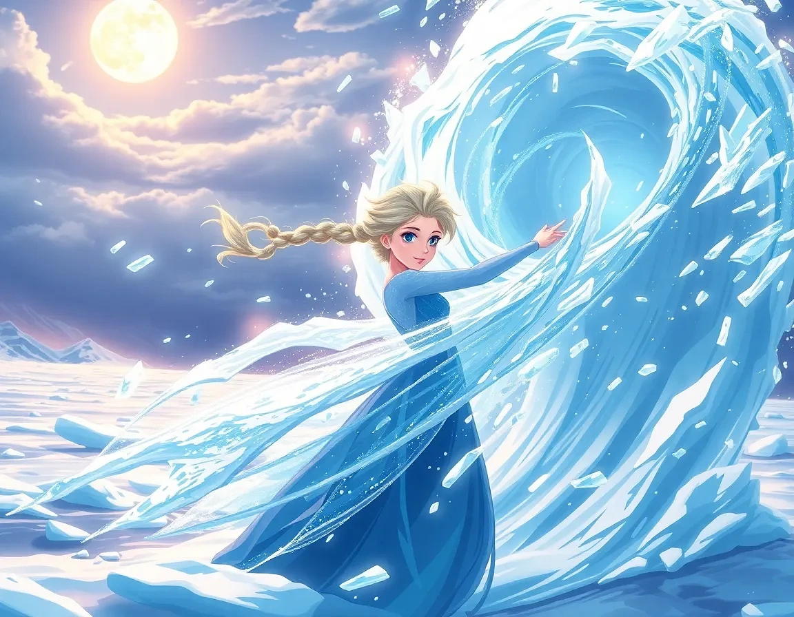 “Elsa summoning an ice cyclone on a frozen fjord, swirling shards catching moonlight, wind-tossed braid, expression of focused empowerment”
