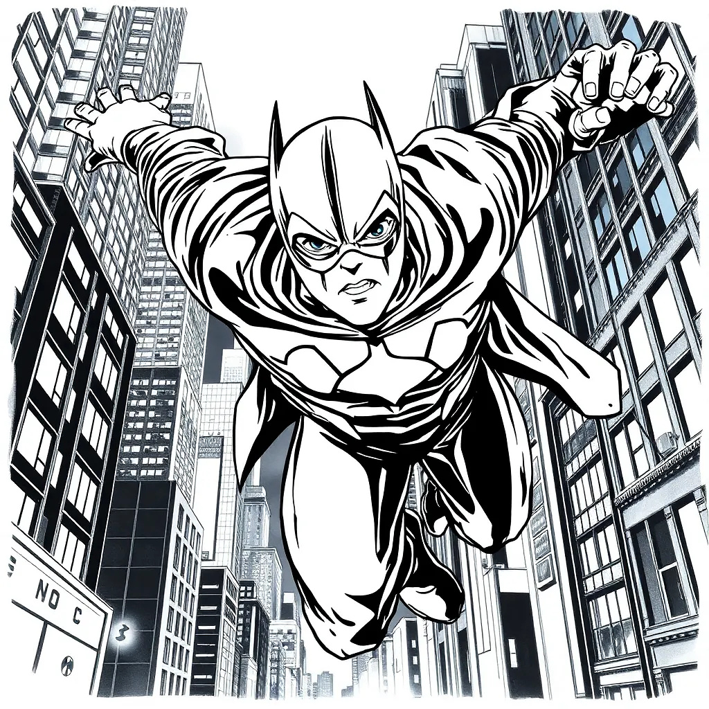 A masked superhero leaping through a neon-lit city at night, dramatic shadows, bold ink outlines, dynamic pose, classic comic book art style.