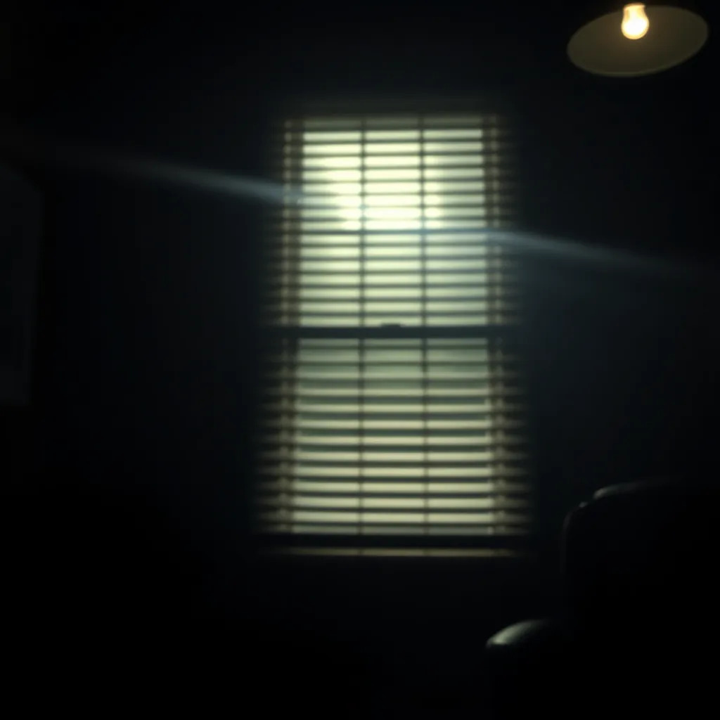 Vintage detective office interior at midnight, light through venetian blinds casting stripes, dust particles in the air, cinematic noir style