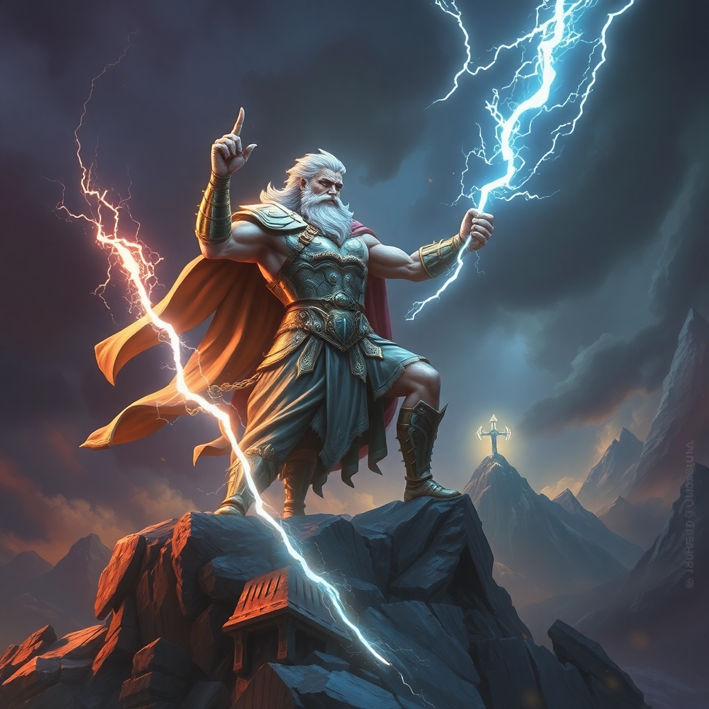 Zeus wielding a lightning bolt atop Mount Olympus, stormy skies, divine glow, intricate armor, dramatic shadows, digital painting, ultra-high detail, trending on ArtStation