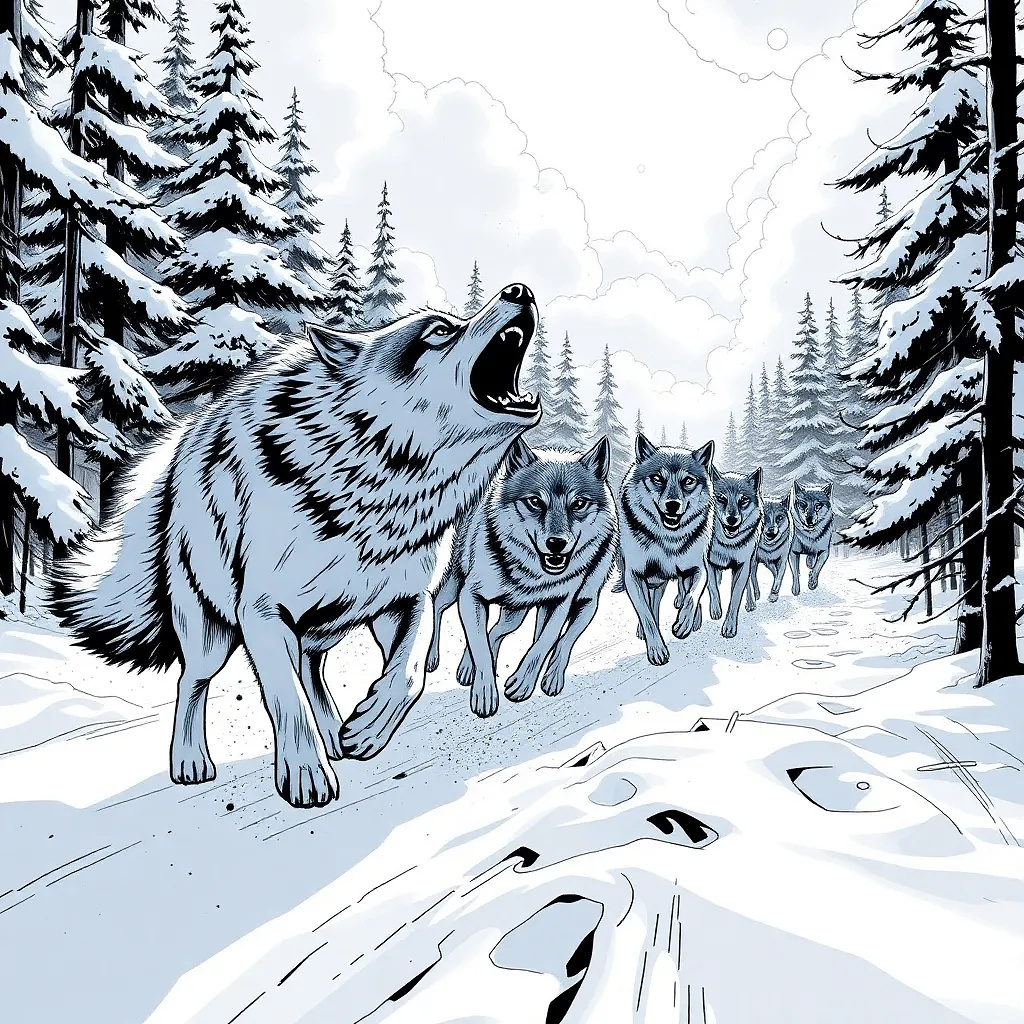 A pack of wolves running through the snowy forest, frozen mid-howl, dynamic poses, sharp contrast ink style, bold shadows, comic book action scene