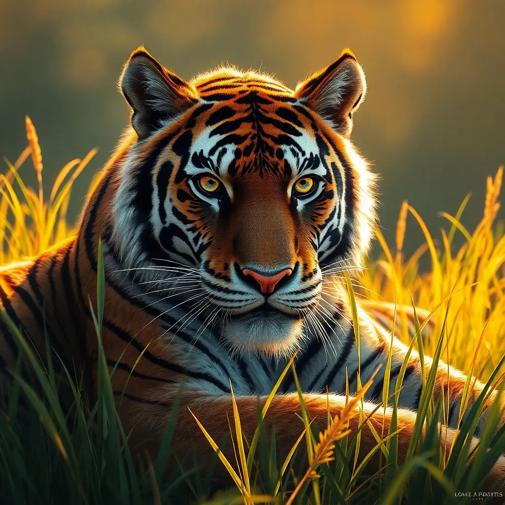 A tiger resting in tall grass, golden sunlight casting long shadows.
