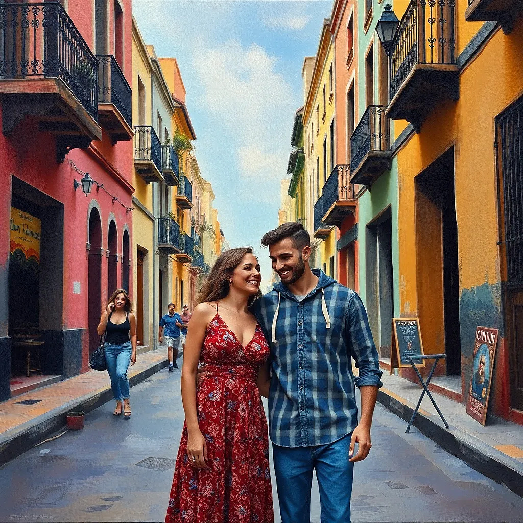 Happy couple in Mexico streets, oil painting