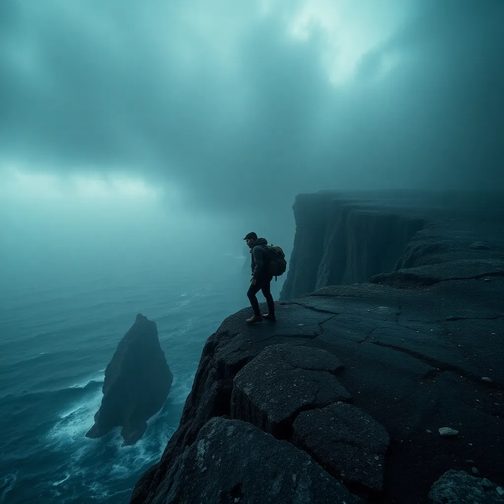 A lone explorer on a rugged cliff overlooking a stormy sea, dramatic lighting and fog, widescreen aspect ratio, moody and filmic