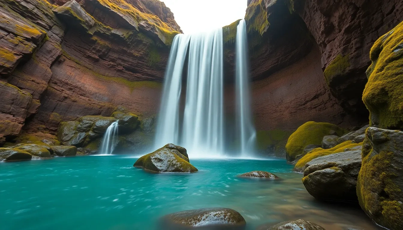 “Icelandic waterfall cascading into turquoise pool, moss-covered basalt columns, slow-shutter motion blur, 24 mm, photographic”