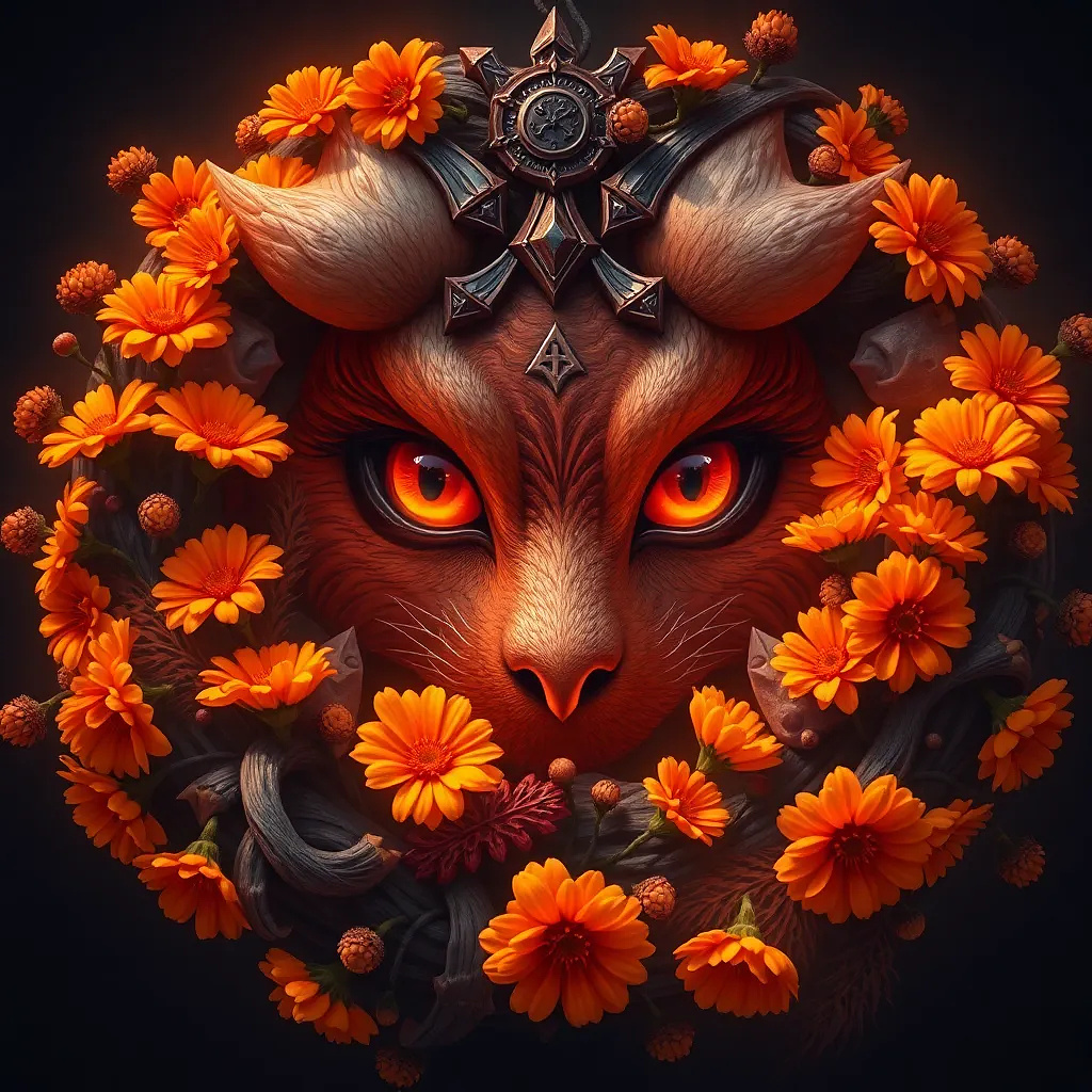 A cozy autumn wreath with orange marigolds, dried leaves, and berries, warm golden lighting.