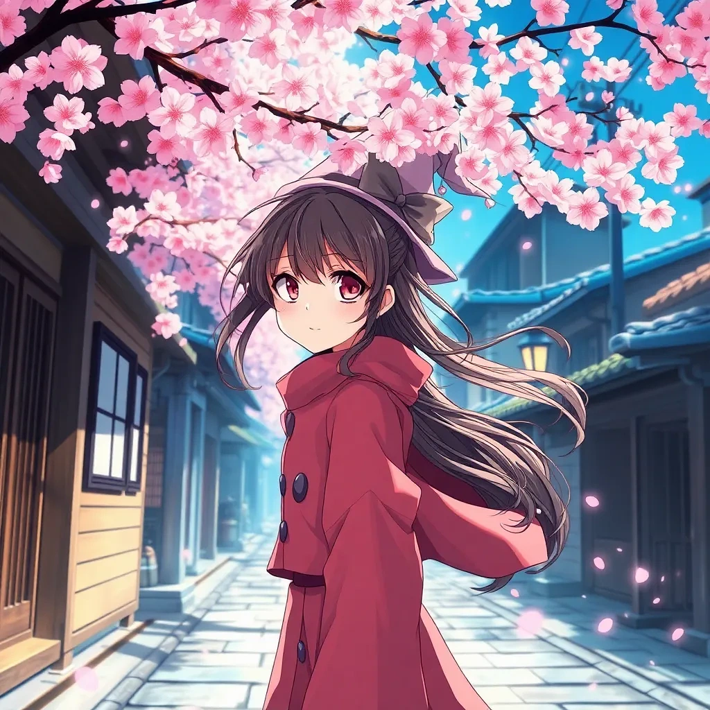 “Wandering mage girl under sakura blossoms” – vibrant cel shading, dramatic wind, Kyoto alley, 8-bit glow particles