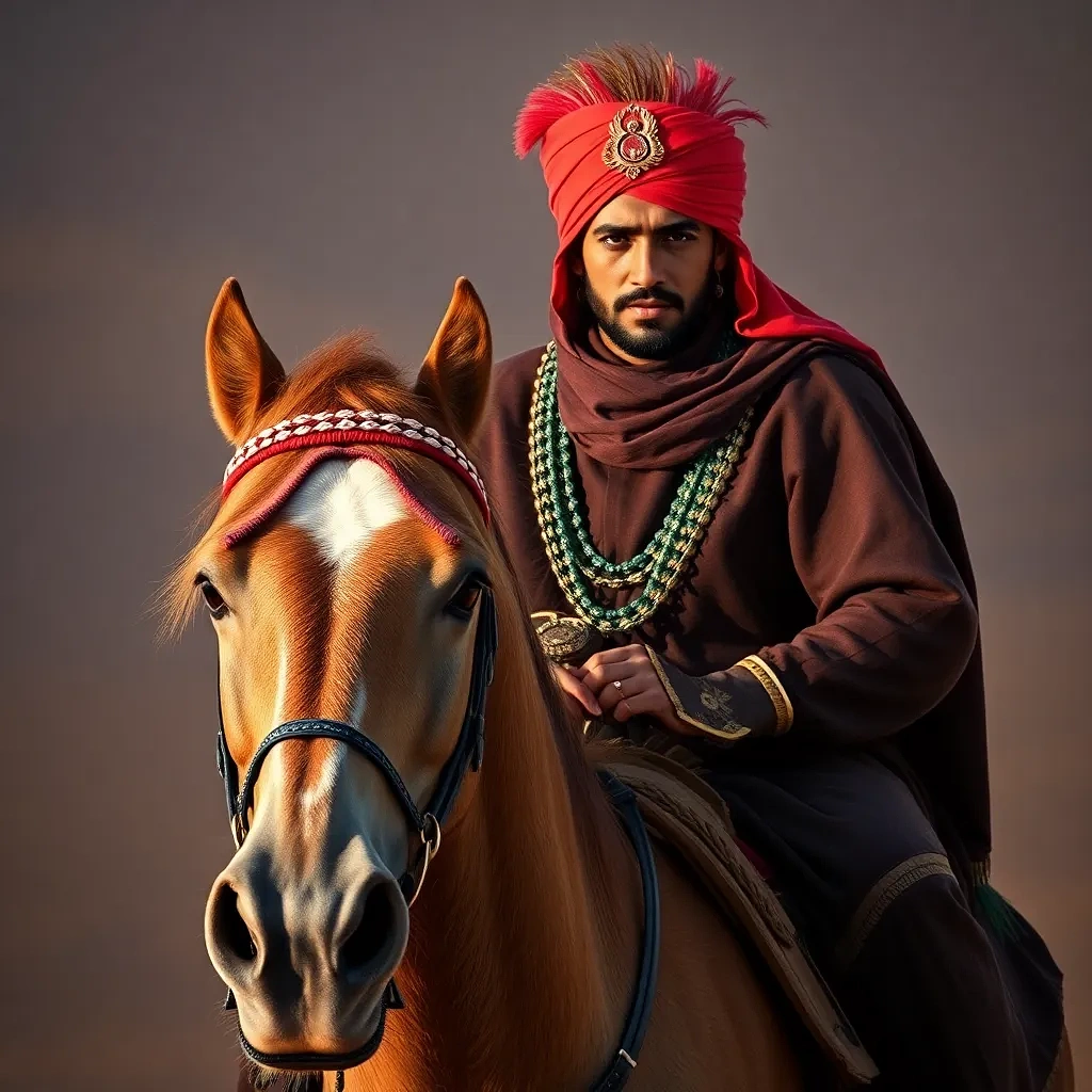 Moroccan prince riding horse, image not in mdium shot,  image not in close-up shot