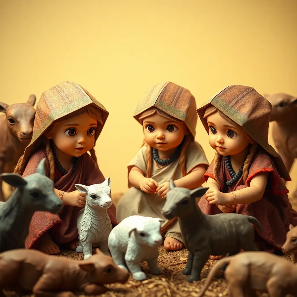 3 Little girls playing in the year 500 BC, realistic, domestic animals around the 3 girls