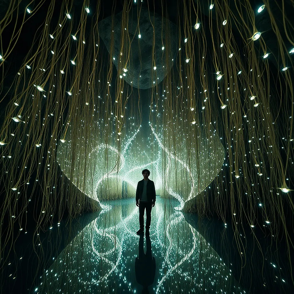 A cavern where thousands of thread-like vines hang from the ceiling, each tipped with a tiny bioluminescent orb. The air hums with floating spores, and the ground is a mirror-like pool doubling the light. Feels like walking through a living galaxy. Ethereal and dreamlike.