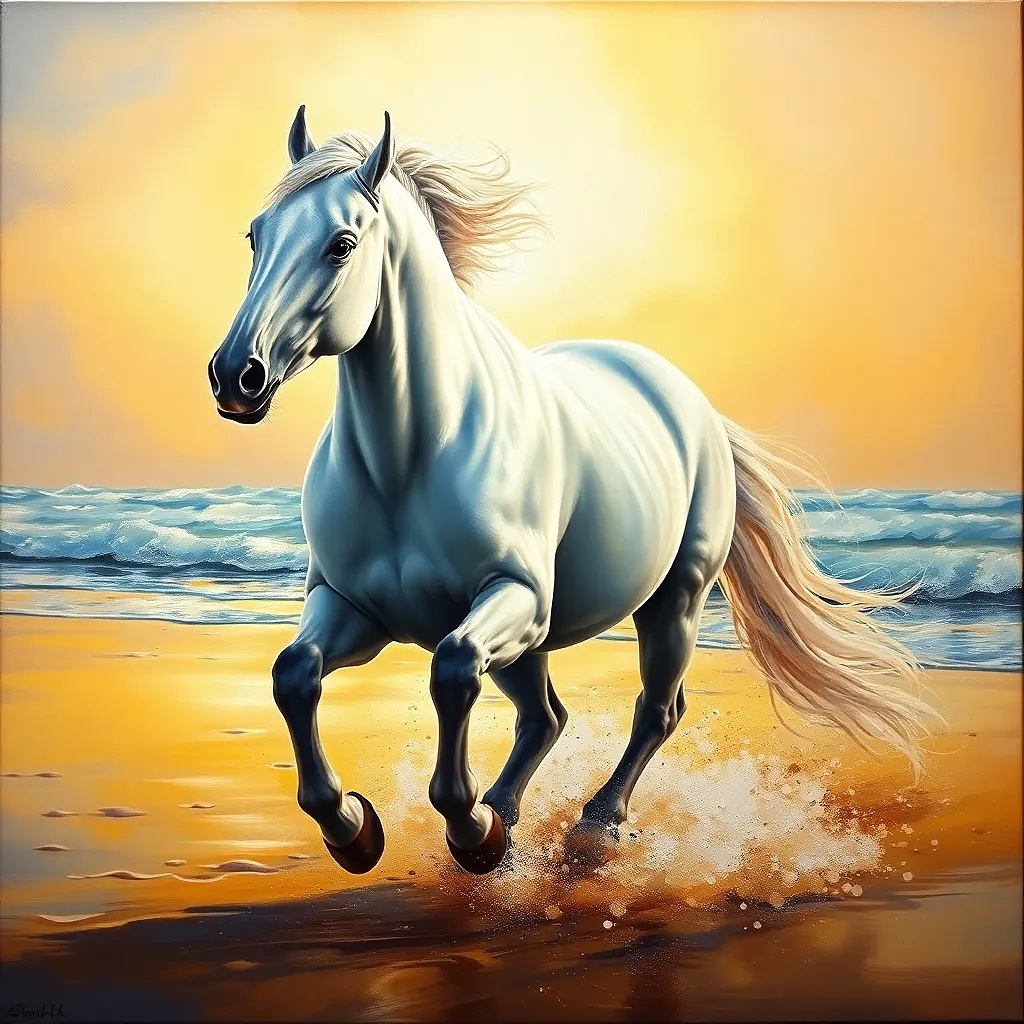 Beautiful white horse running in beach, oil painting