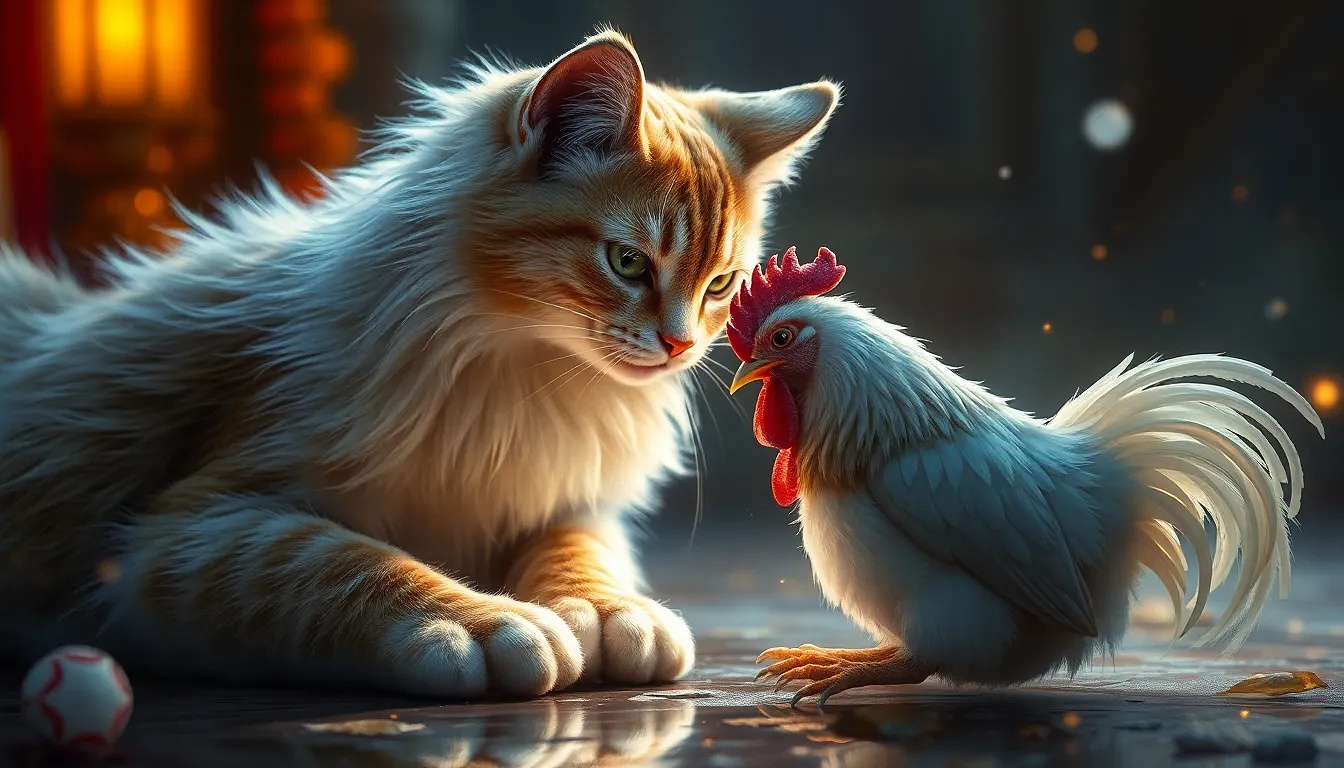 beautiful cat playing with a chiken