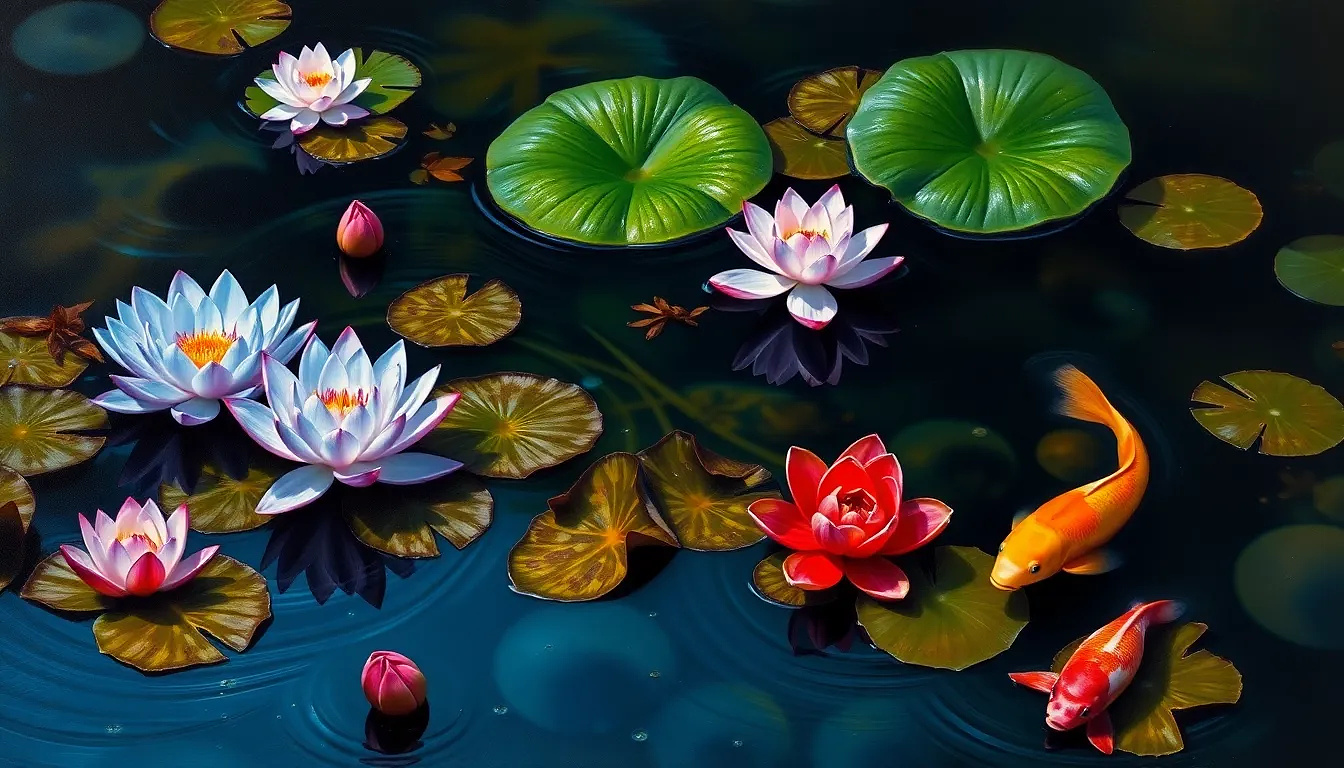 Zen koi pond dotted with blooming sacred blue lotus (Nymphaea caerulea), pink Nelumbo komarovii, and jewel-toned mosaic plant (Ludwigia sedioides) rosettes, tranquil ripples, oil painting
