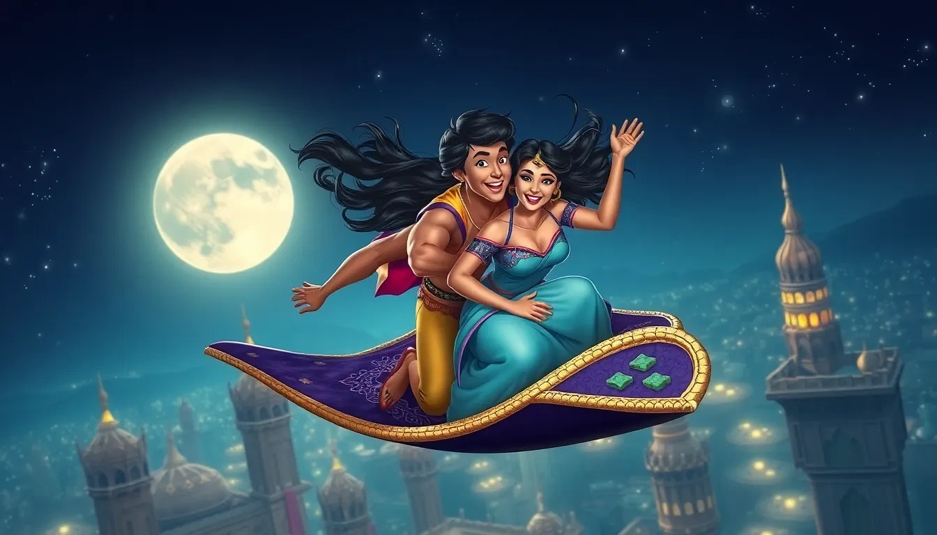Aerial shot of Aladdin and Jasmine on the magic carpet diving between Agrabah’s moonlit minarets, hair whipping in the wind, sparkling night sky, exhilarated laughter