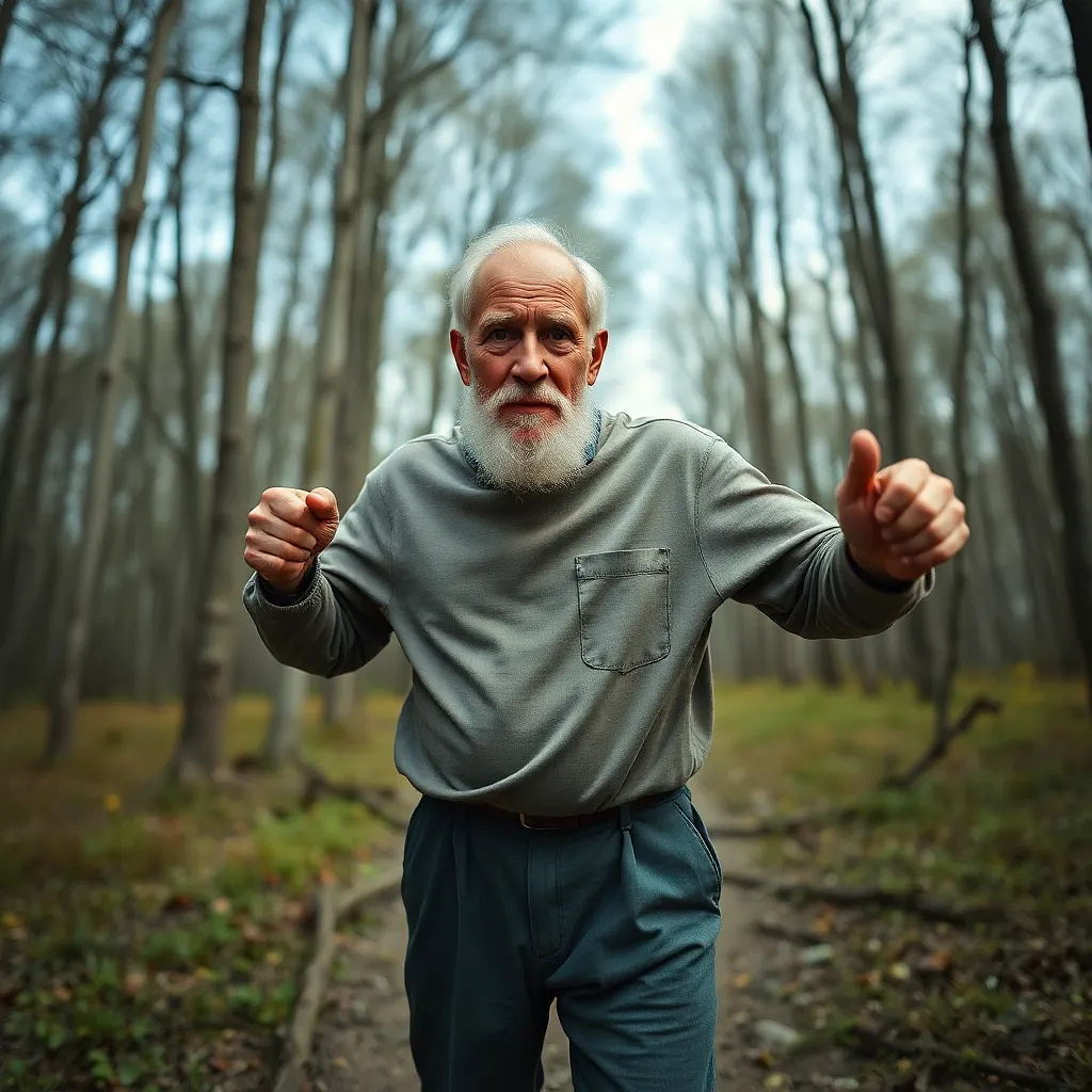 old man doing sport in the forest