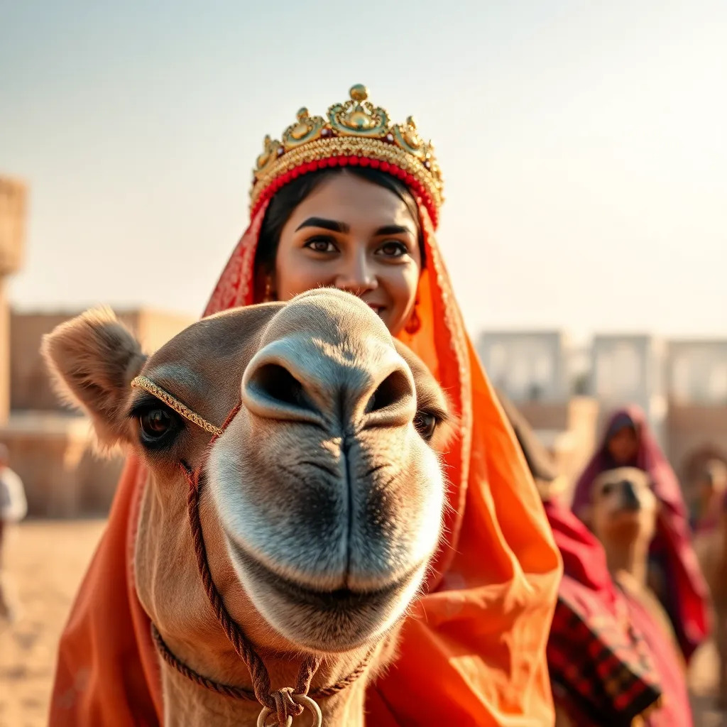 Happy Arabic glorious princess riding a camel in her marriage ceremony. She is smiling and greeting people