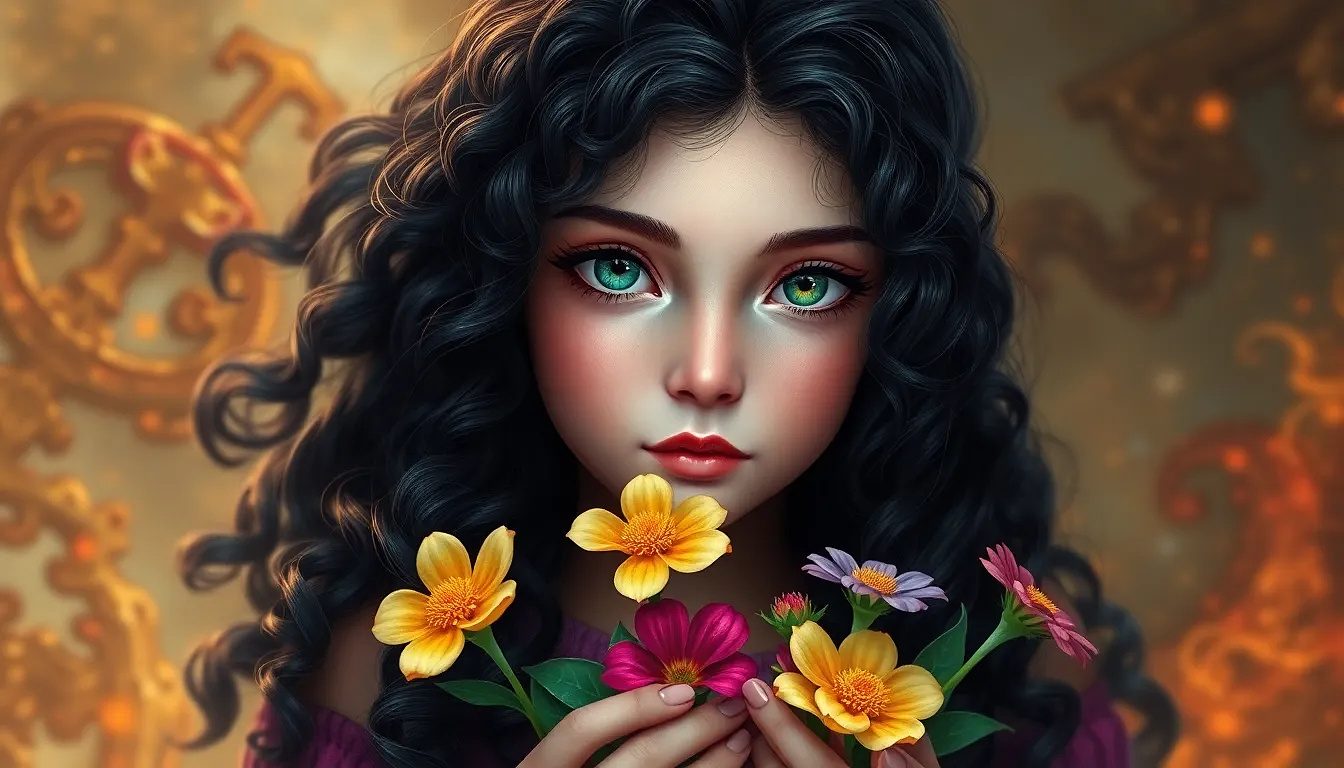 A beautiful 11 years old girl, long curly black hair with green eyes, colorful flowers in their hands