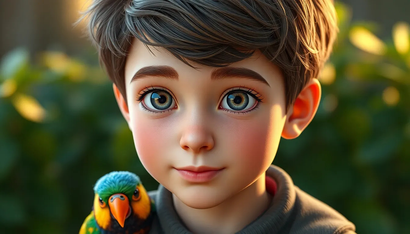 A very beautiful 10 years old boy with grey eyes,  a colorful bird on his shoulder