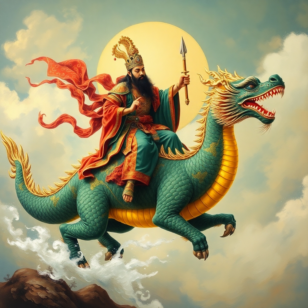Glorious Ancient prince riding dragon, oil-paining, ultra-detailed