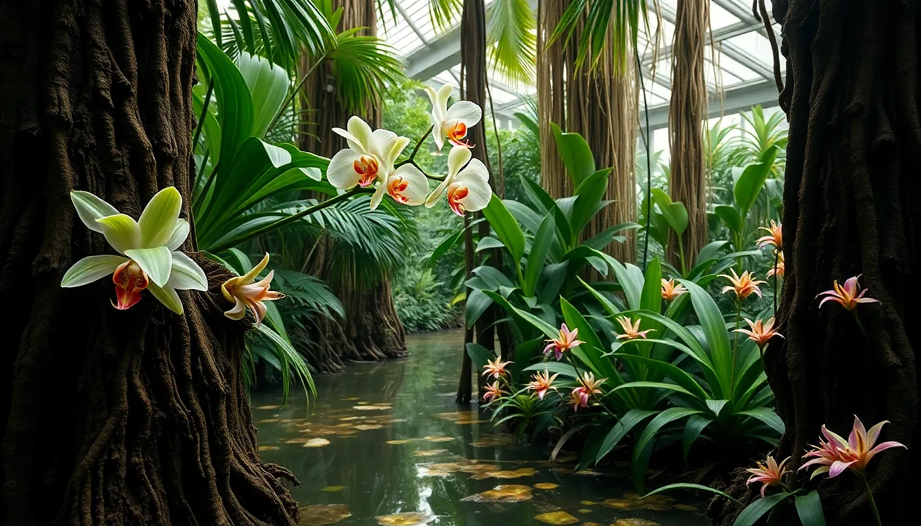 “Steamy tropical wetland conservatory featuring rare Amazon ghost orchid (Dendrophylax lindenii) clinging to soaked cypress bark, sprays of jewel orchid foliage, and misty bromeliad clusters, back-lit, photographic”