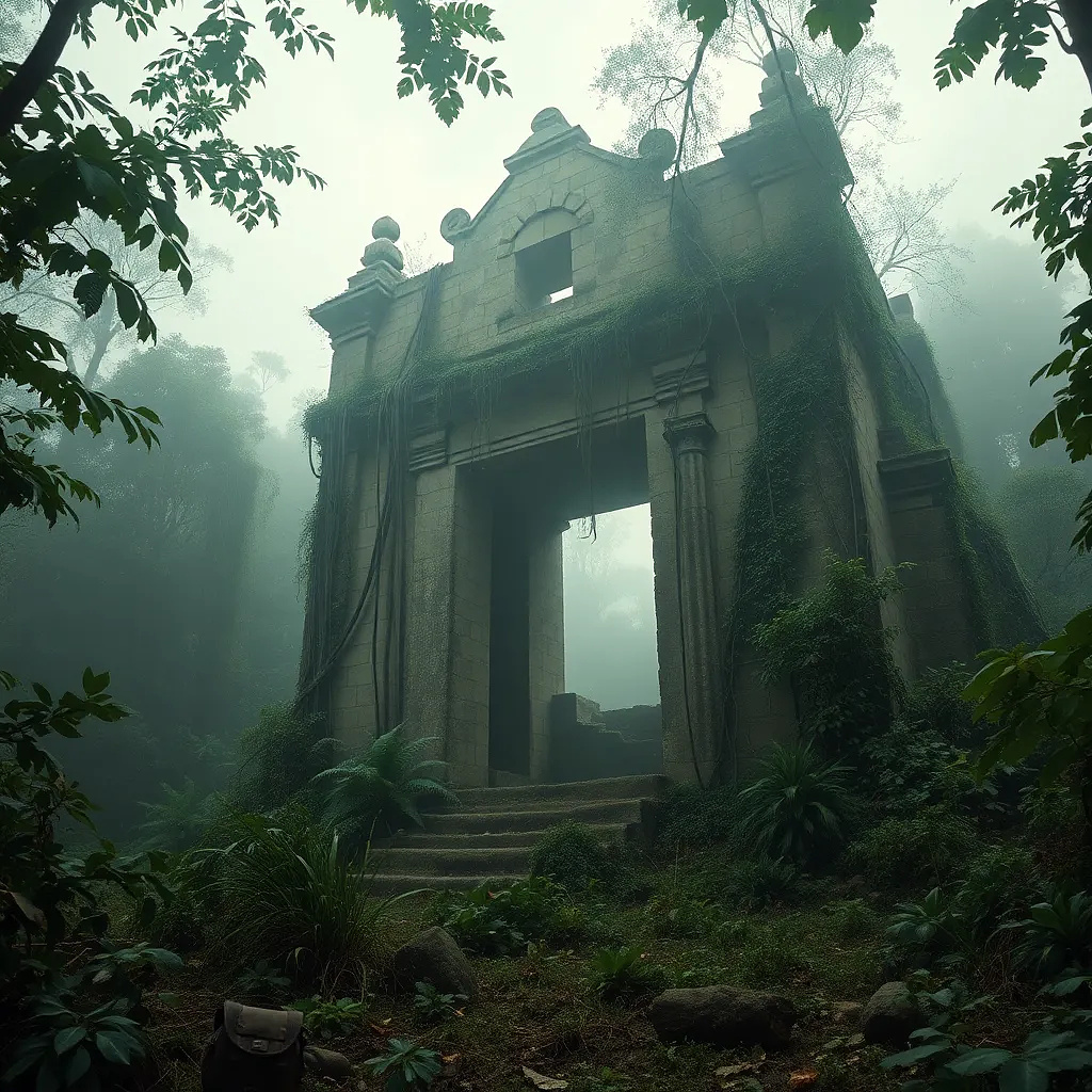 Ancient ruins hidden in a jungle, overgrown with vines, cinematic lighting through dense trees, atmospheric fog, explorer gear nearby, adventure movie poster look