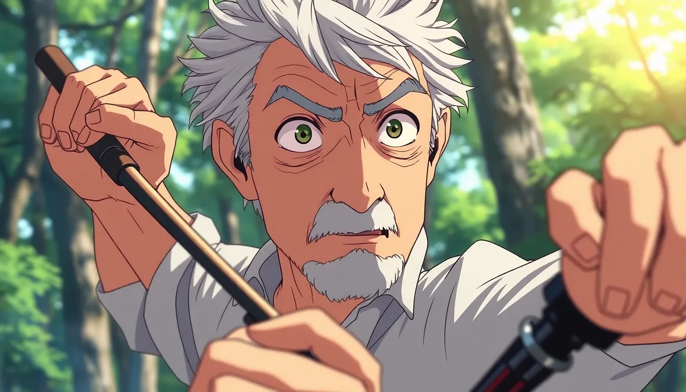 old man doing sport in the forest