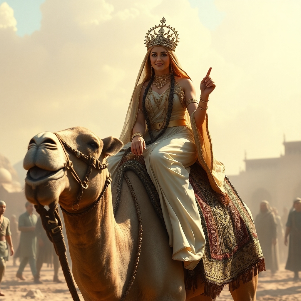 Arabic glorious princess riding a camel in her marriage ceremony, the pricess is happy and greeting his family