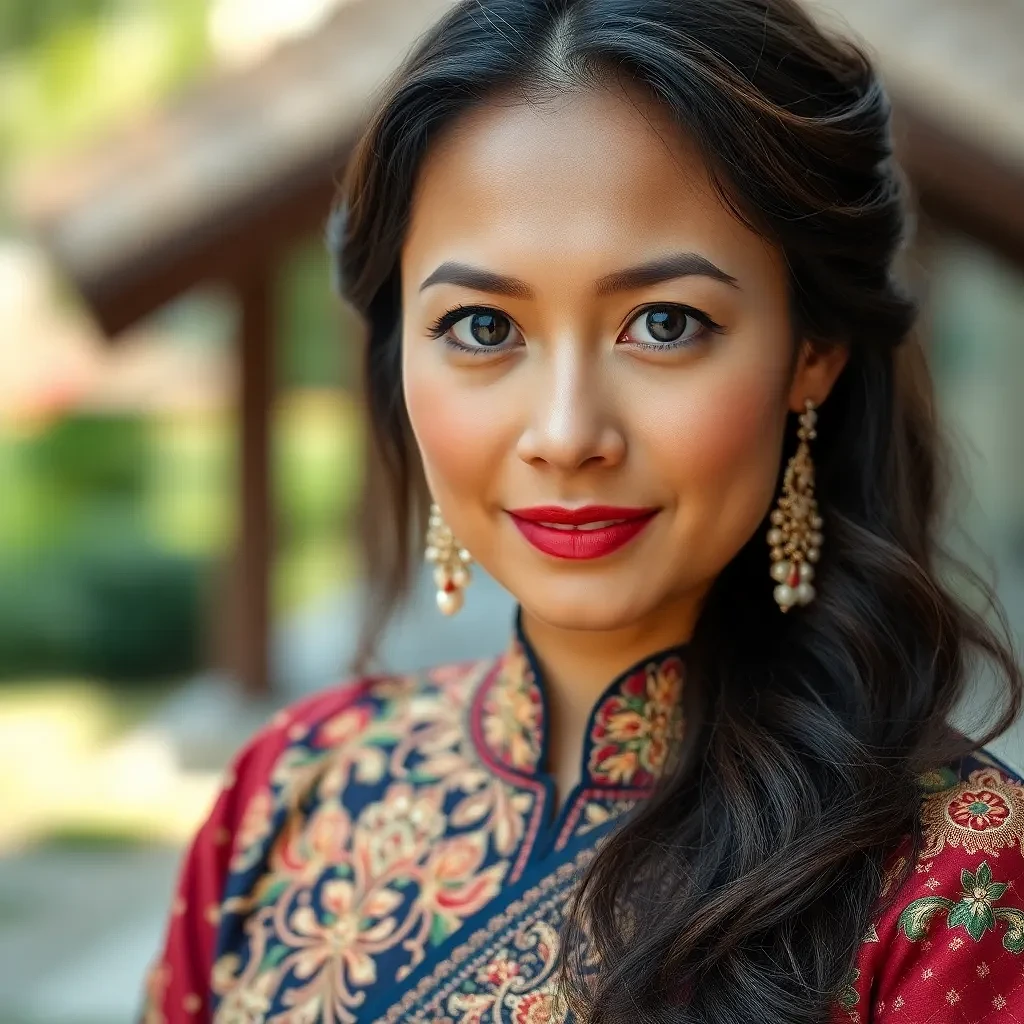 Woman with round face, 30 years old, light brown skin, dark brown hair, brown eyes, wearing Glorious clothes in her marriage ceremony and greeting gests