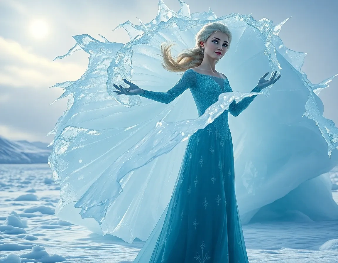 “Elsa summoning an ice cyclone on a frozen fjord, swirling shards catching moonlight, wind-tossed braid, expression of focused empowerment”