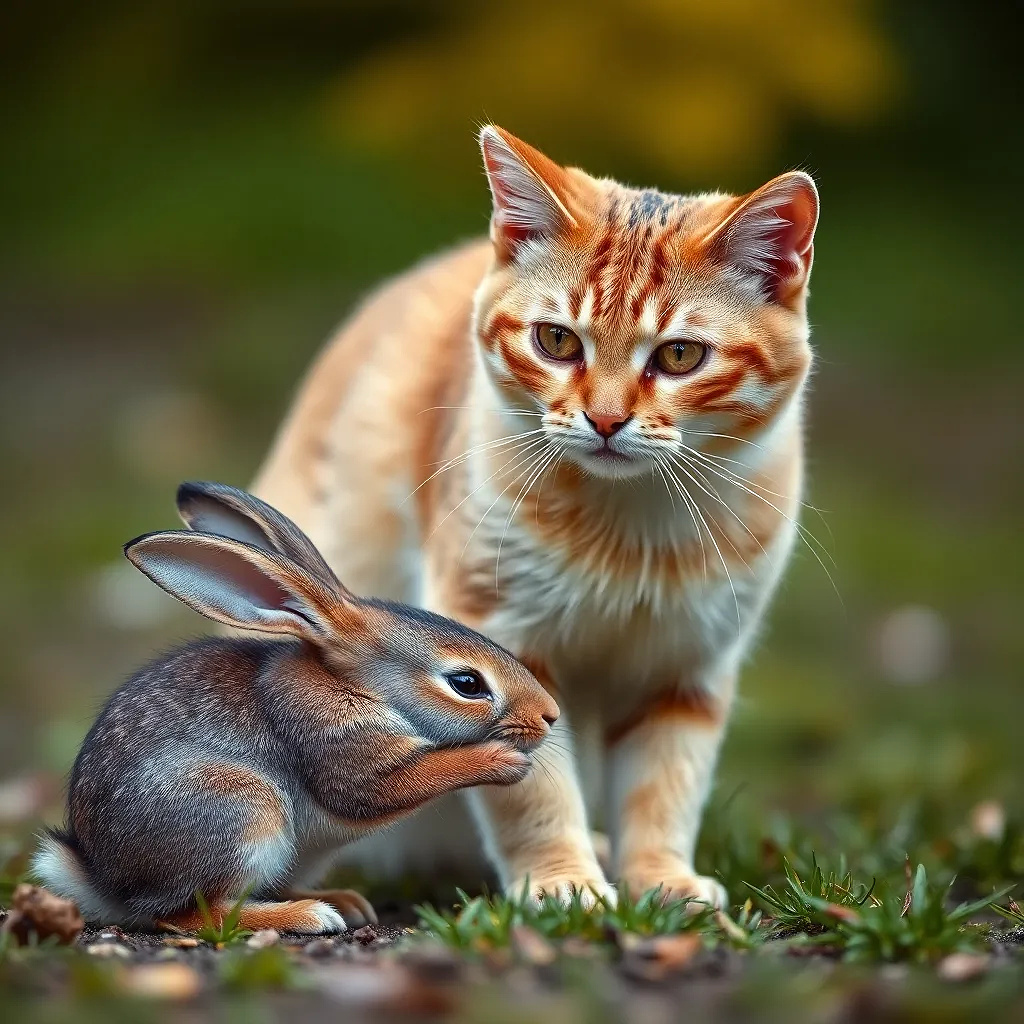 Beautiful cat playing with a rabbit