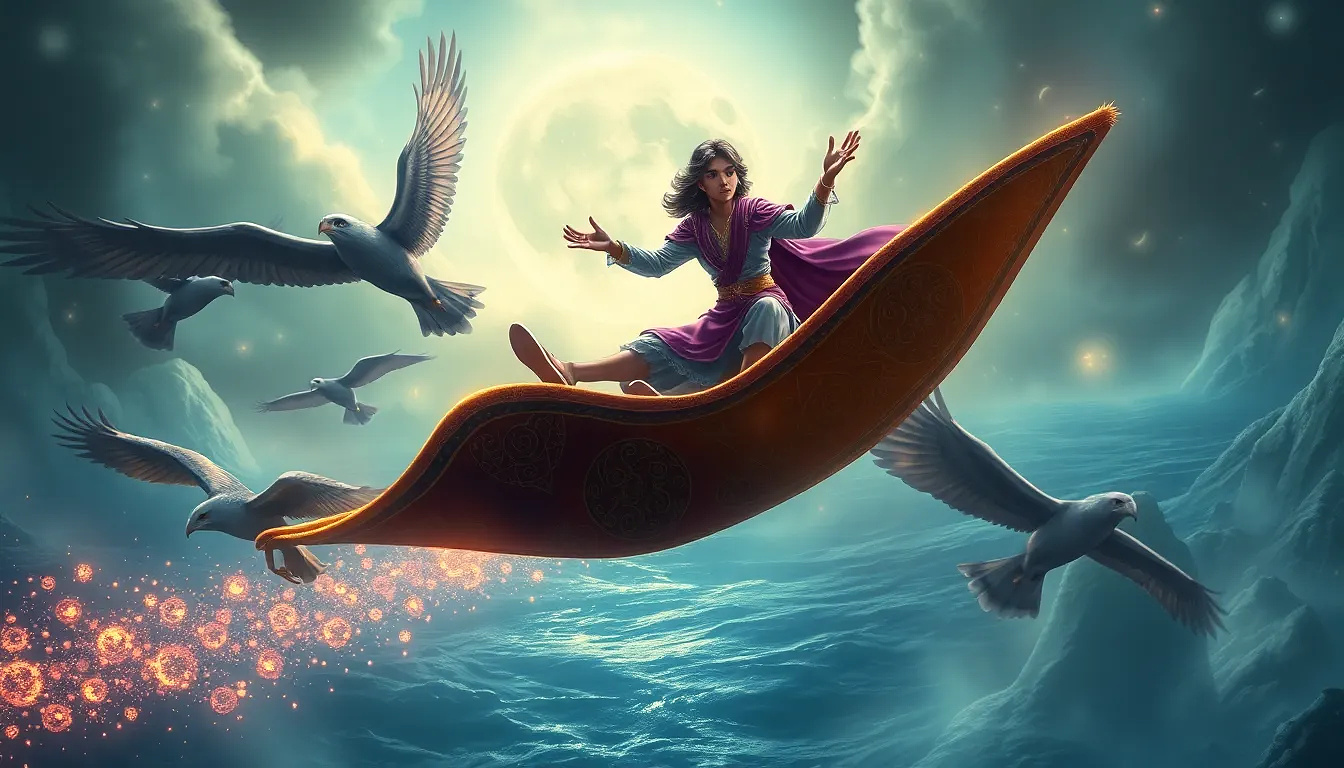 Aladdin rides the magic carpet and flies over the sea, eagles are following him.