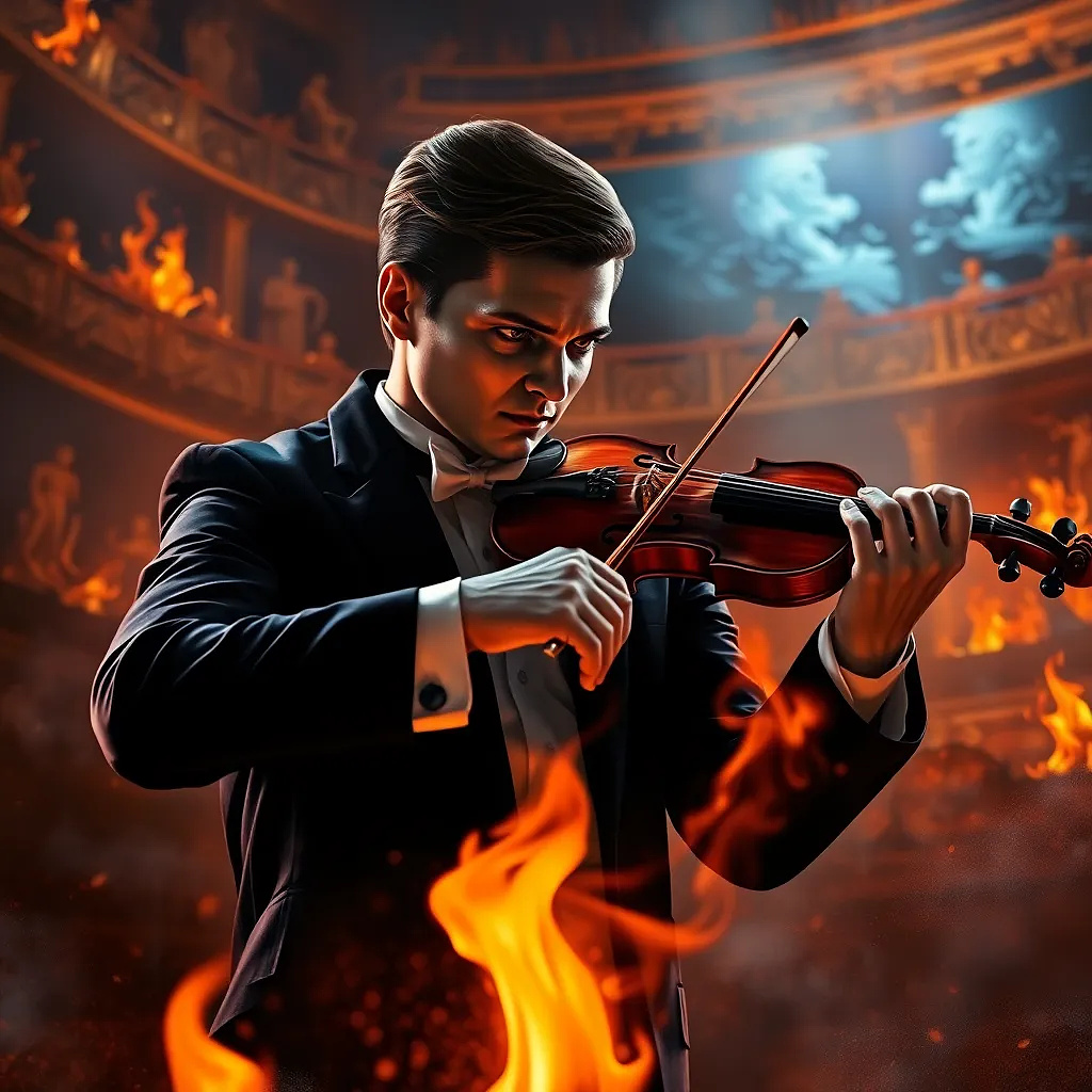 Phantom of the Opera-style figure playing a violin in a burning theater, flames frozen in time.