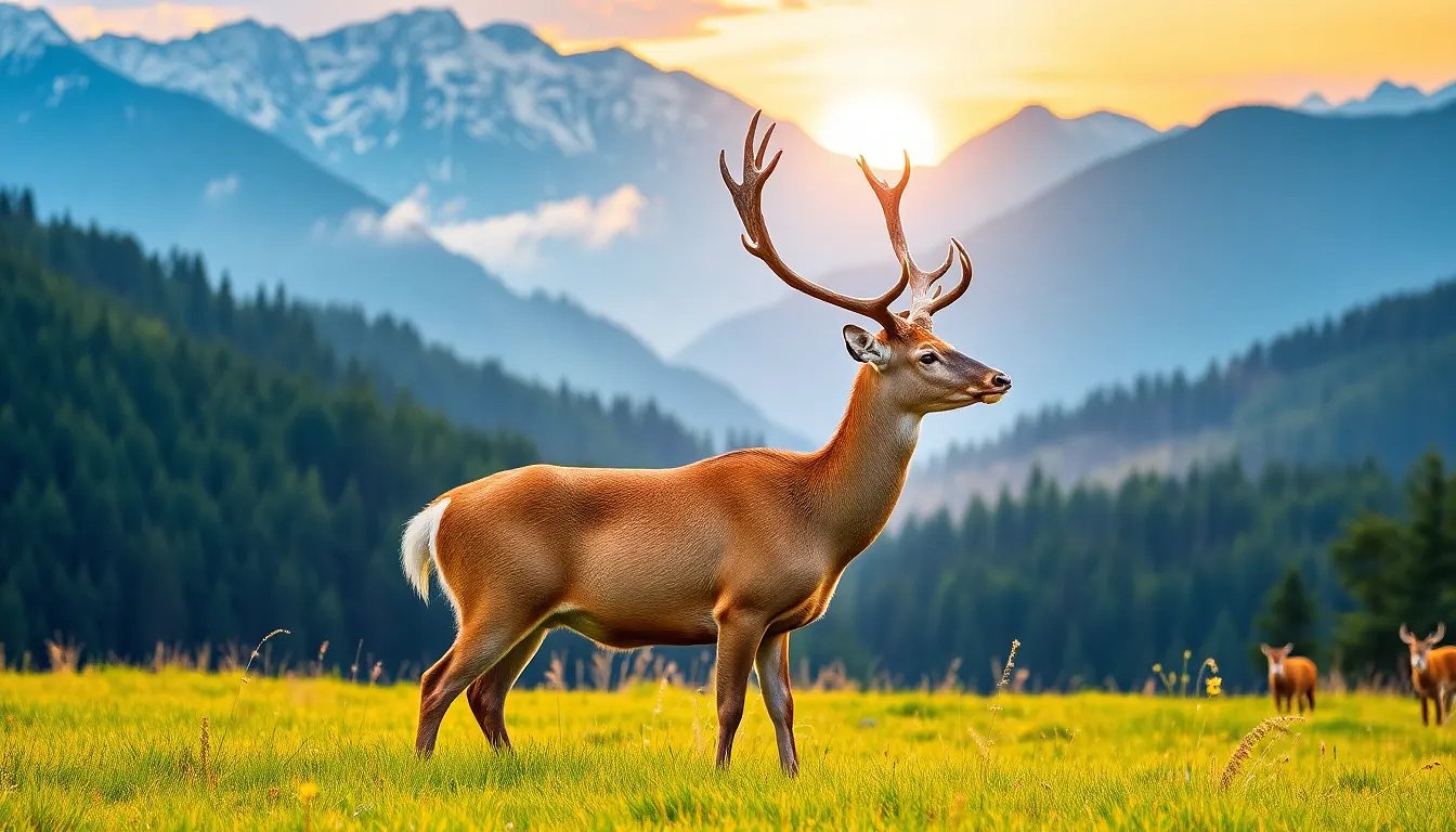 A male deer with large antlers is centered in a serene mountain landscape. The deer is a light brownish-red color, with details of its fur visible. It is positioned in a meadow, looking to its right, slightly angled towards the viewer. The deer is situated in a grassy field, with a backdrop of lush green forests and snow-capped mountains. The mountains stretch behind the deer, displaying various shades of blue and green, with some areas showcasing mist. The sun is rising or setting, casting warm golden light over the scene. The colors are vibrant and realistic, creating a sense of peace and tranquility.  The composition is balanced, with the deer as the focal point, surrounded by the beautiful scenery. The overall style is photorealistic, capturing the beauty of nature. The perspective is at a level slightly above the deer, offering a panoramic view of the meadow and mountains.  The grass and flowers add to the rich detail and natural environment.